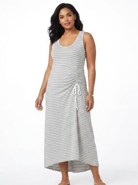 Cabi Dress Womens‎ XS Gray Midi Tank Stripe Drawstring Stretch Ruched Casual